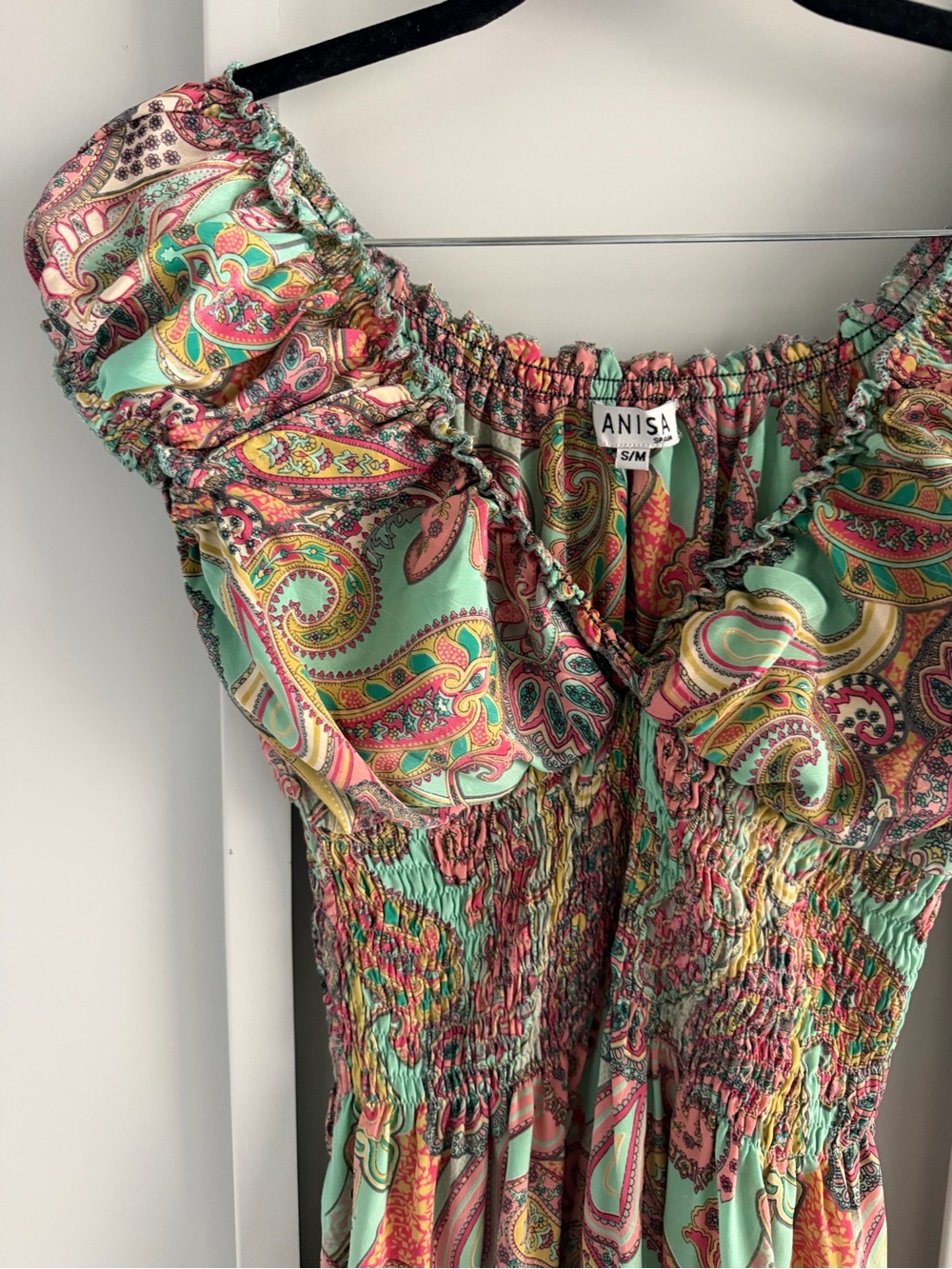 Anisa Spain Multi-Colored Green Orange Paisley Smocked Mini Dress - Size S/M - Picture 7 of 13